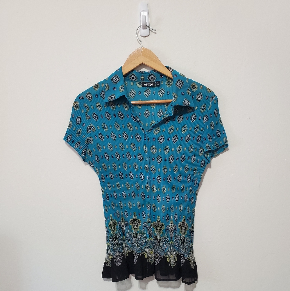 Turquoise All Over Anthemion Pleated Blouse